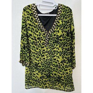 Vintage Metro 22 Green Animal Print Beaded Accent Blouse Top Size 1XL